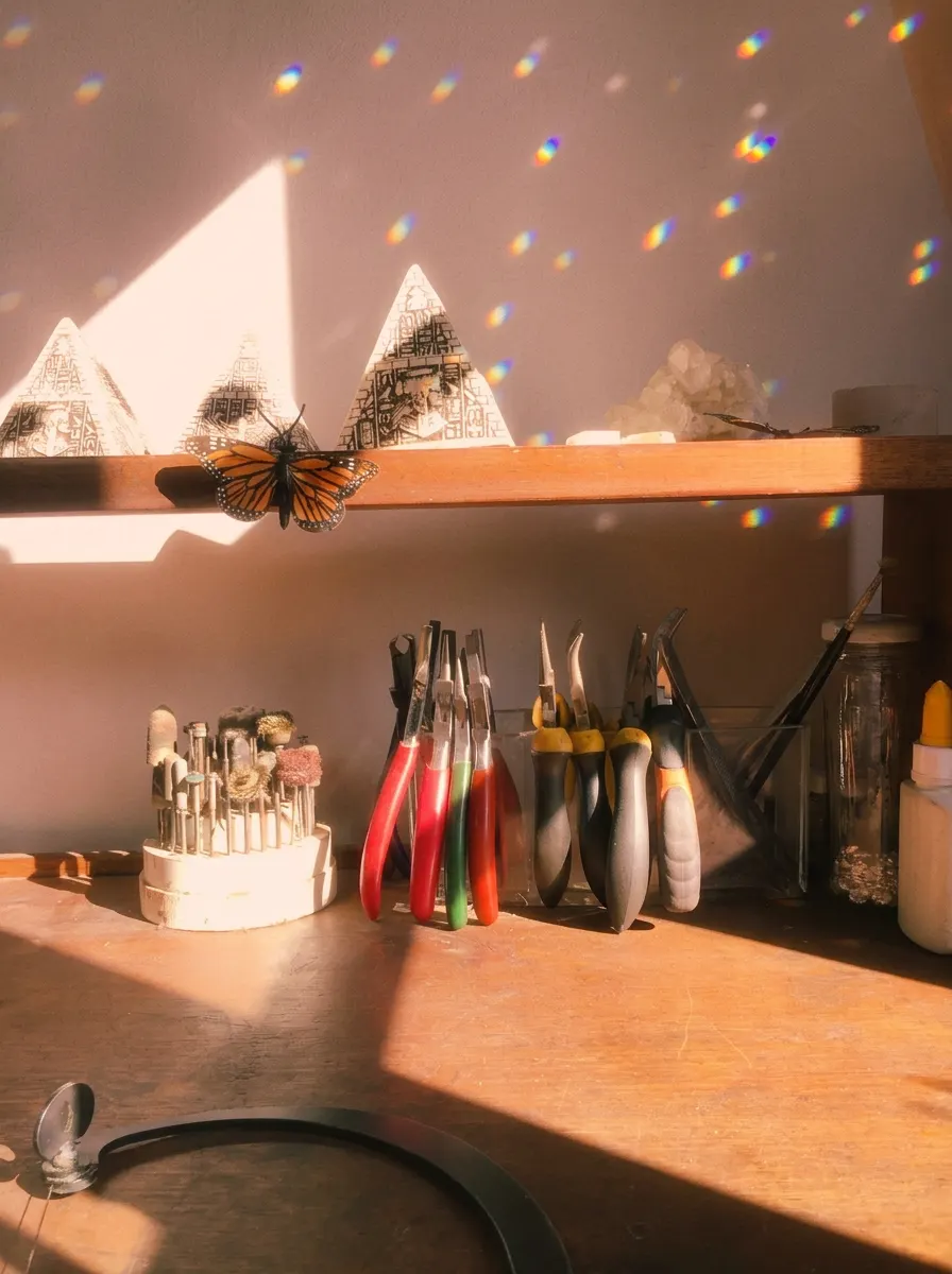 Rincón del taller con pirámides, cristales y herramientas iluminado por arcoíris